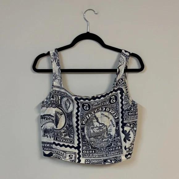 ❤️BNWT Nicole Miller Artelier linen blend postage stamp print Crop Top size S - Picture 4 of 7
